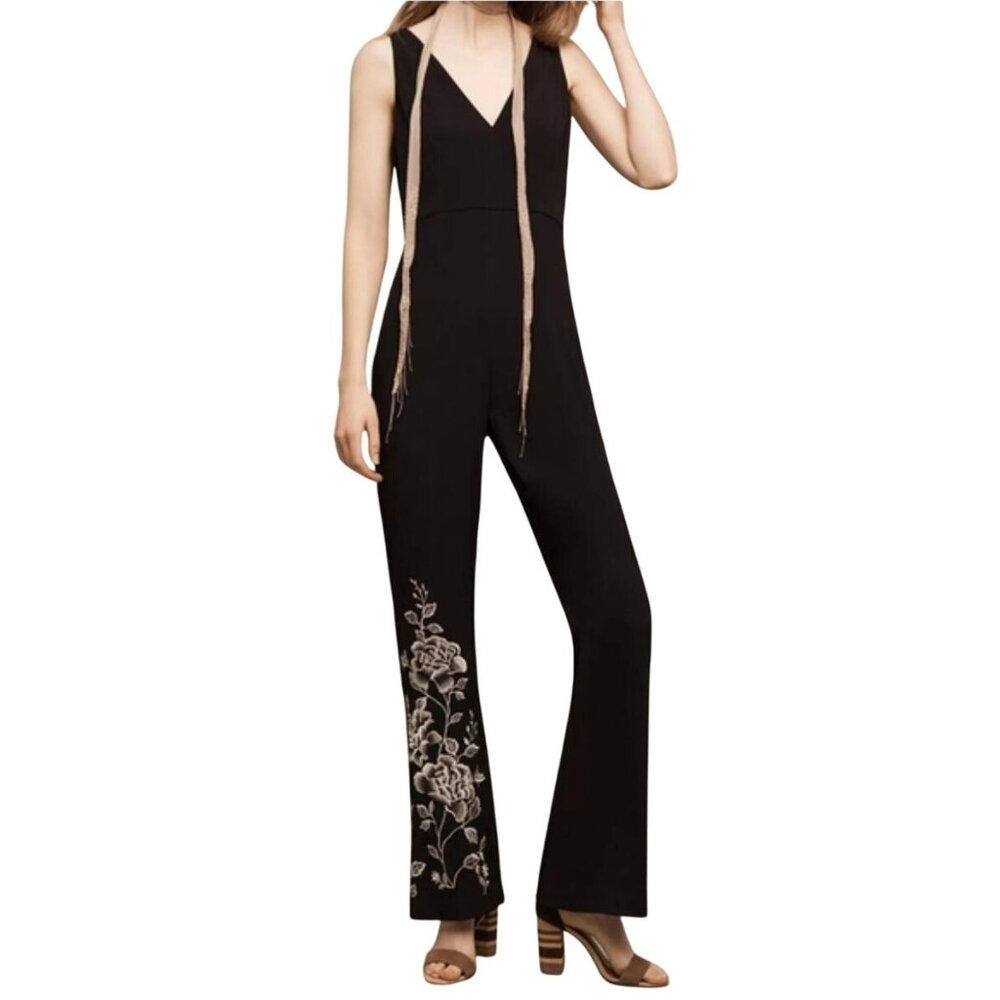 Anthropologie HD in Paris Black Floral Embroidered Tal Jumpsuit Size 6 NWT